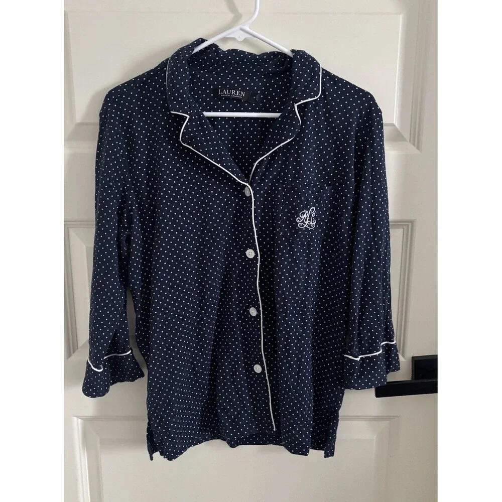 Lauren Ralph Lauren Navy Polka Dot Button Front Pajama Top Collared 3/4 Sleeve M